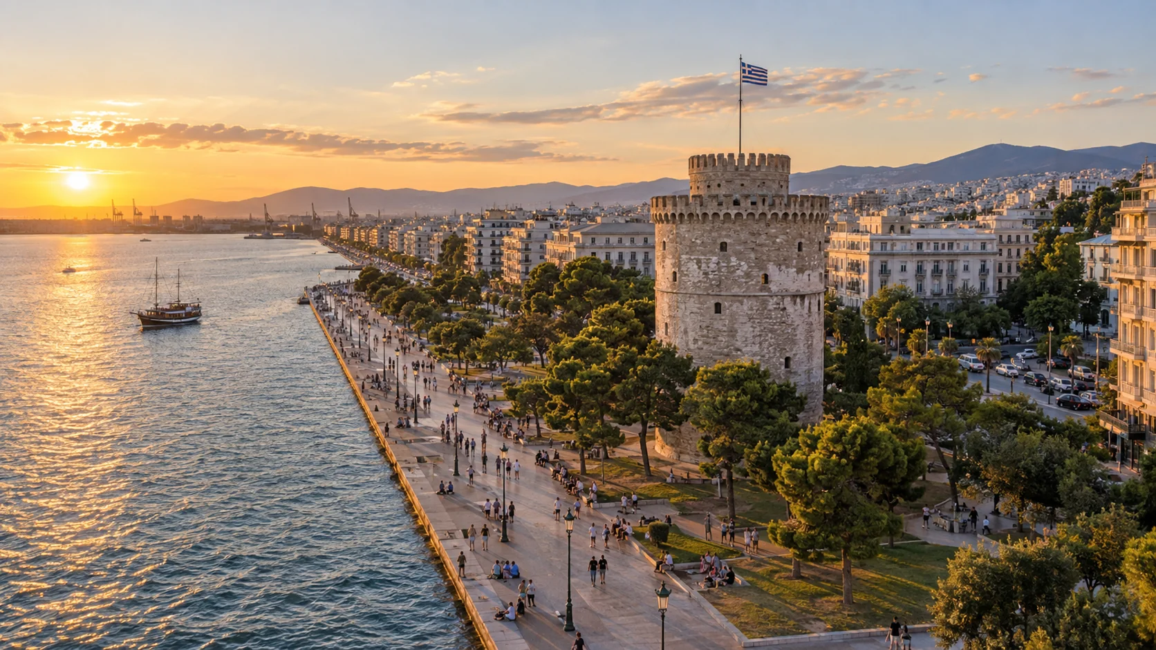 Thessaloniki waterfront and White Tower at golden hour