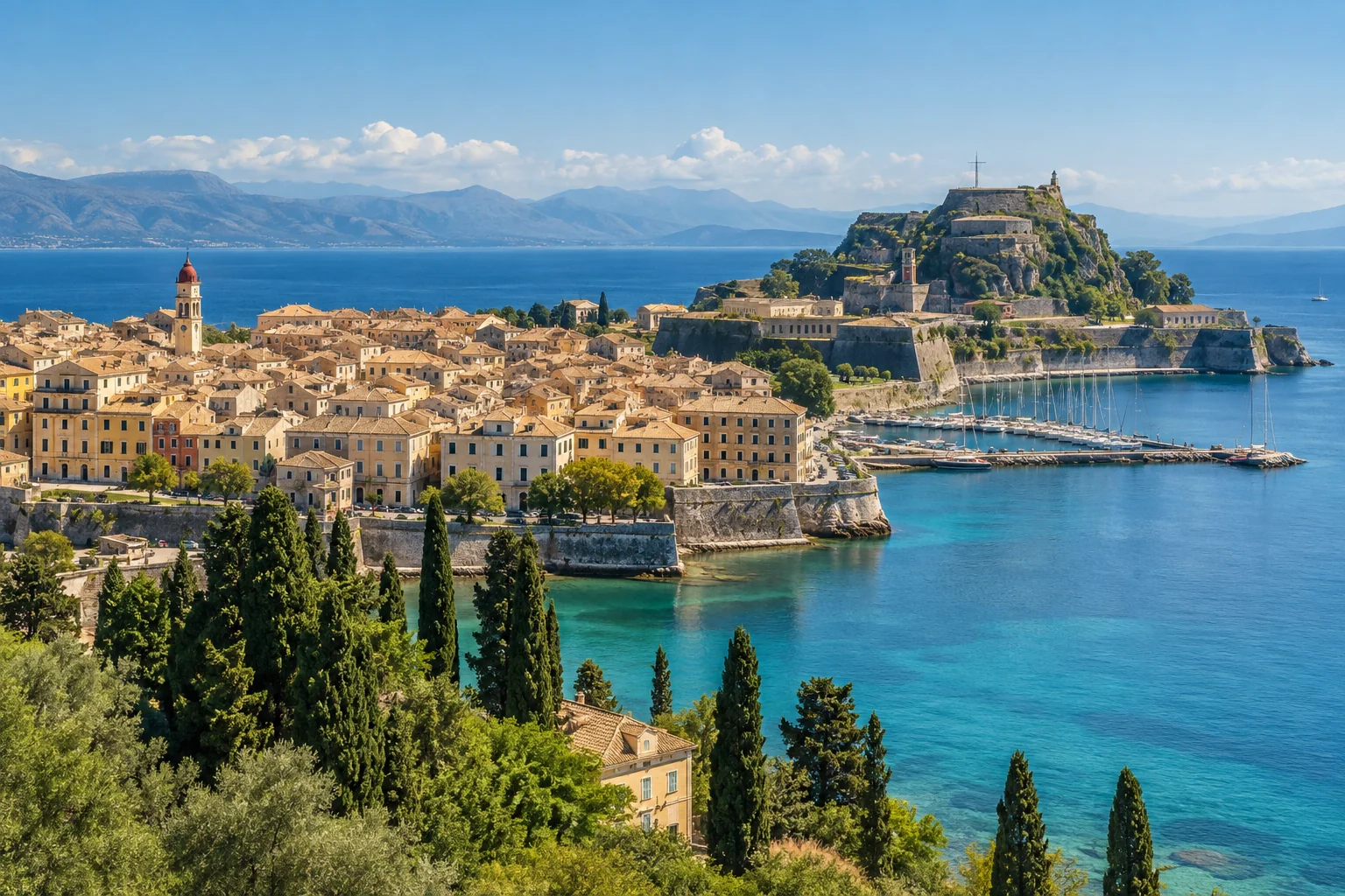 Corfu Town and the Old Fortress overlooking the Ionian Sea